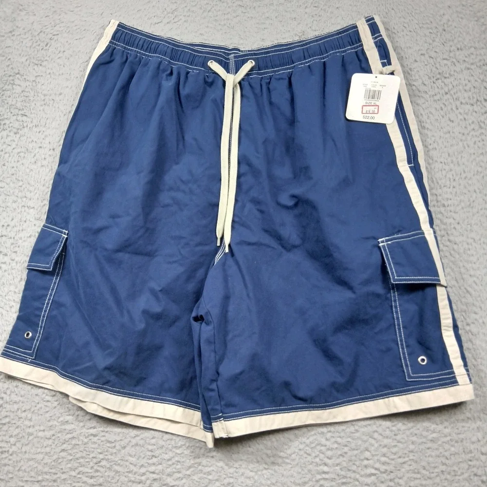 Ashford Sport Board Shorts Mens XL Blue Cream Cargo Side Stripe Cotton Blend NWT